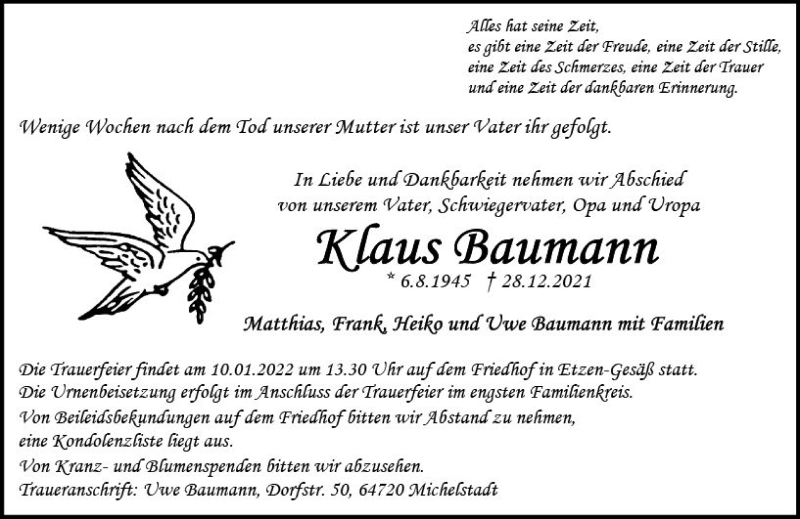  Traueranzeige für Klaus Baumann vom 08.01.2022 aus vrm-trauer Odenwälder Echo