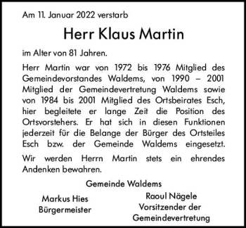 Traueranzeige von Klaus Martin von vrm-trauer Idsteiner Zeitung