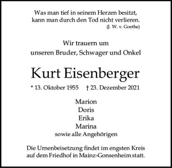Traueranzeige von Kurt Eisenberger von vrm-trauer AZ Mainz