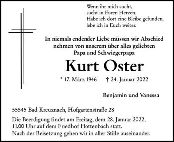 Traueranzeige von Kurt Oster von vrm-trauer Allg. Zeitung Bad Kreuznach