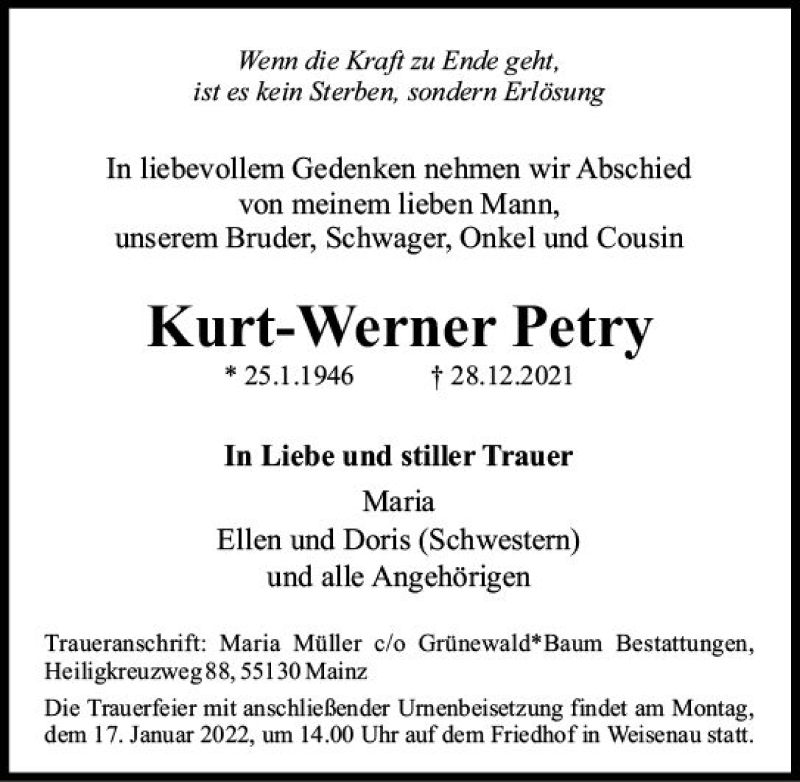  Traueranzeige für Kurt-Werner Petry vom 08.01.2022 aus vrm-trauer AZ Mainz