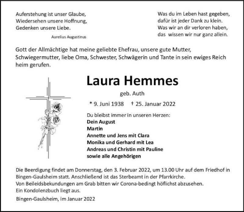  Traueranzeige für Laura Hemmes vom 29.01.2022 aus vrm-trauer Allgemeine  Zeitung Ingelheim-Bingen