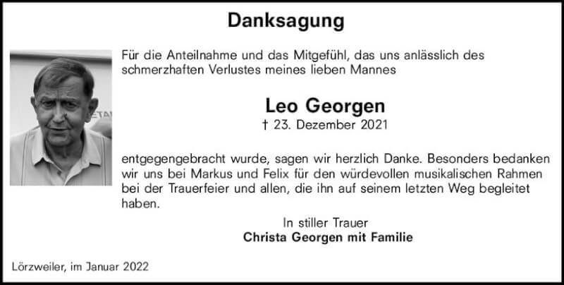  Traueranzeige für Leo Georgen vom 22.01.2022 aus vrm-trauer AZ Mainz