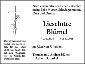 Traueranzeige von Lieselotte Blümel von vrm-trauer Wiesbadener Kurier