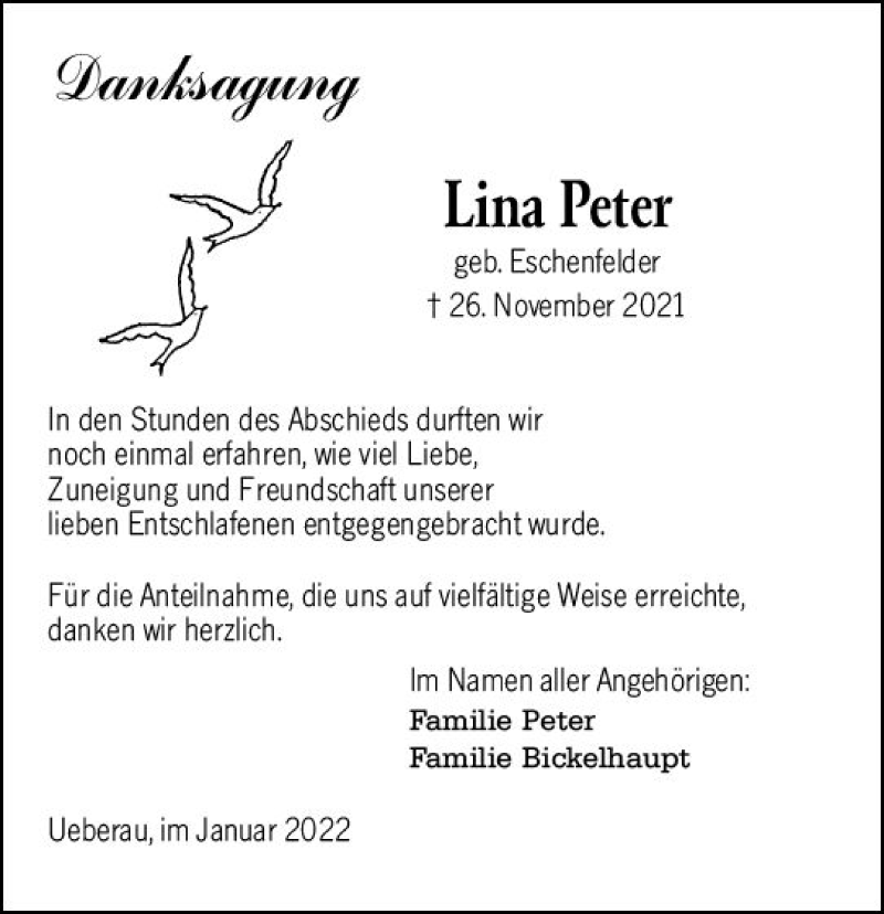  Traueranzeige für Lina Peter vom 08.01.2022 aus vrm-trauer Darmstädter Echo