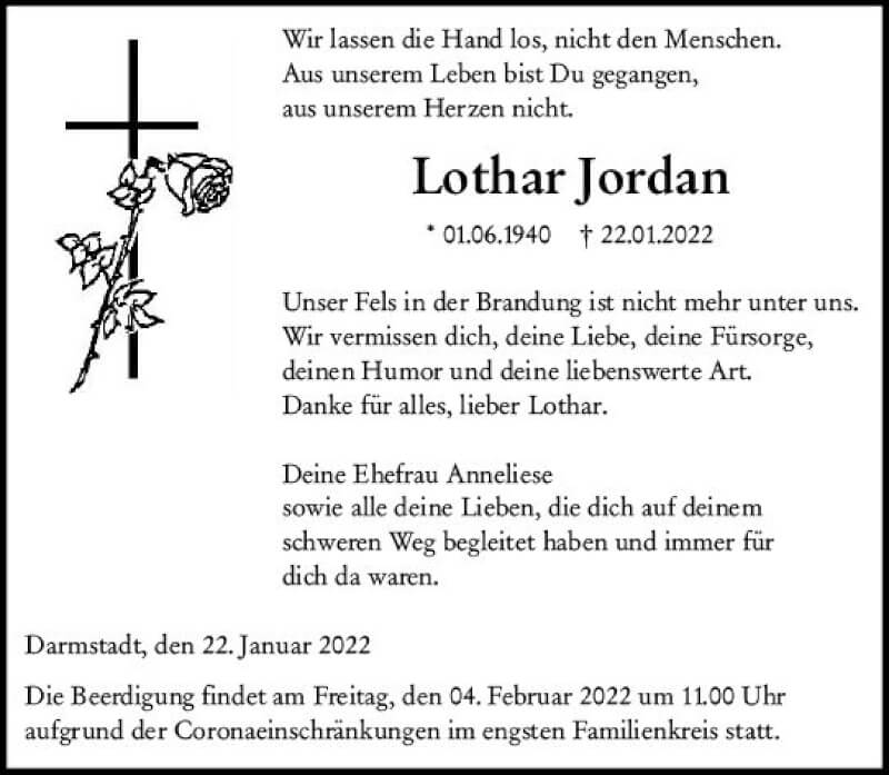  Traueranzeige für Lothar Jordan vom 29.01.2022 aus vrm-trauer Darmstädter Echo