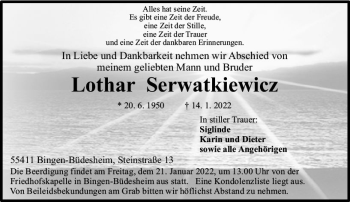 Traueranzeige von Lothar Serwatkiewicz von vrm-trauer Allgemeine  Zeitung Ingelheim-Bingen