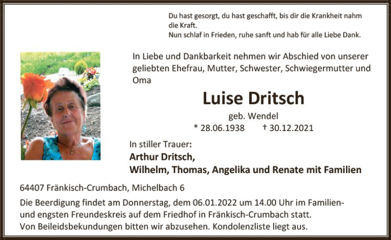  Traueranzeige für Luise Dritsch vom 05.01.2022 aus vrm-trauer Odenwälder Echo