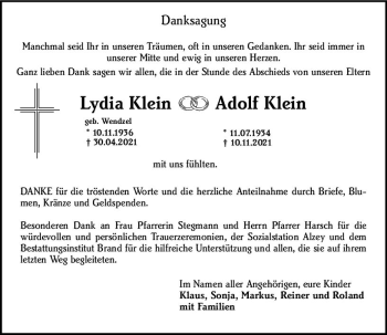 Traueranzeige von Lydia Klein von vrm-trauer Allgemeine Zeitung Alzey
