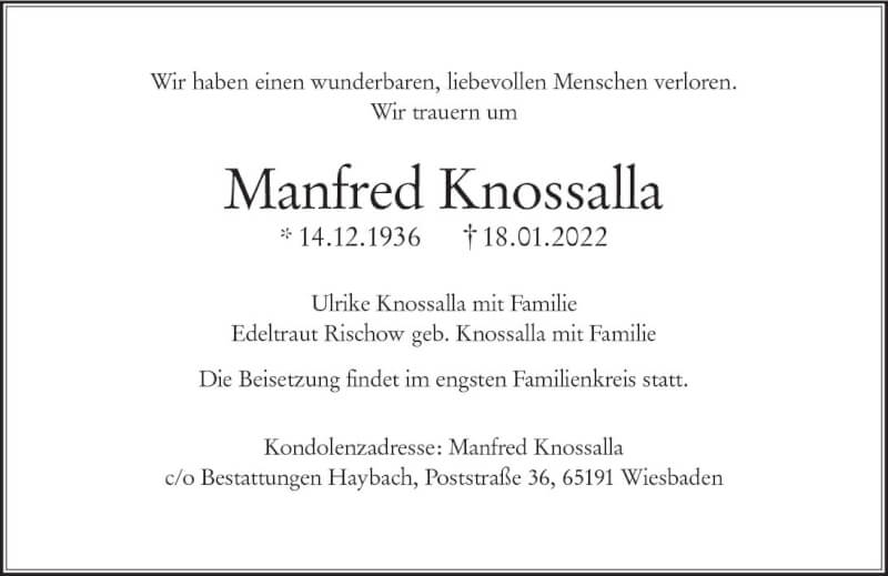  Traueranzeige für Manfred Knossalla vom 29.01.2022 aus vrm-trauer Wiesbadener Kurier