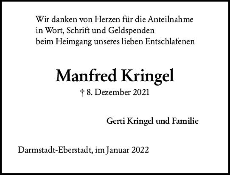  Traueranzeige für Manfred Kringel vom 08.01.2022 aus vrm-trauer Darmstädter Echo