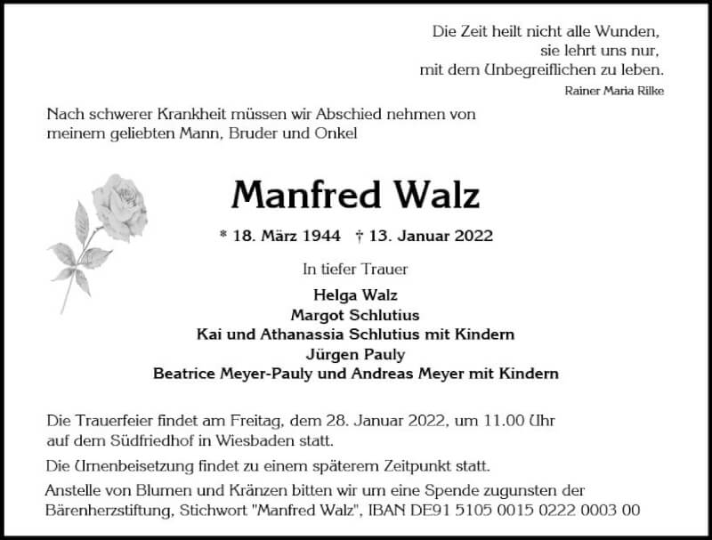  Traueranzeige für Manfred Walz vom 22.01.2022 aus vrm-trauer Wiesbadener Kurier