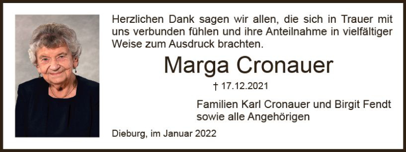  Traueranzeige für Marga Cronauer vom 08.01.2022 aus vrm-trauer DieburgerAnzeiger/Groß-Zimmerner Lokala