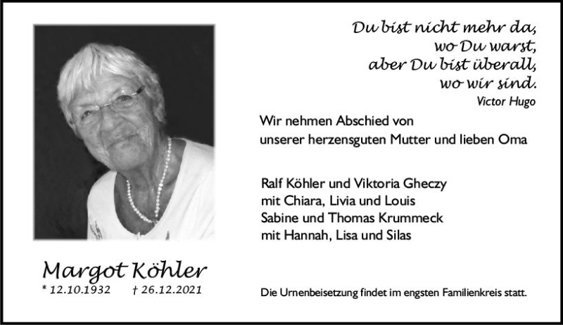  Traueranzeige für Margot Köhler vom 08.01.2022 aus vrm-trauer AZ Mainz