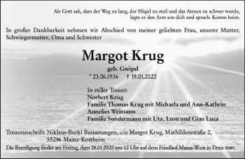 Traueranzeige von Margot Krug von vrm-trauer AZ Mainz