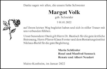 Traueranzeige von Margot Volk von vrm-trauer AZ Mainz