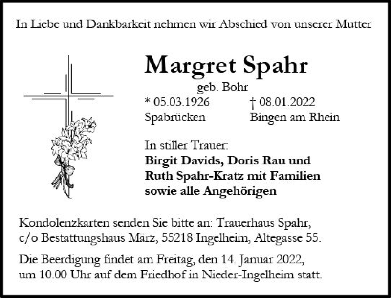  Traueranzeige für Margret Spahr vom 13.01.2022 aus vrm-trauer Allgemeine  Zeitung Ingelheim-Bingen