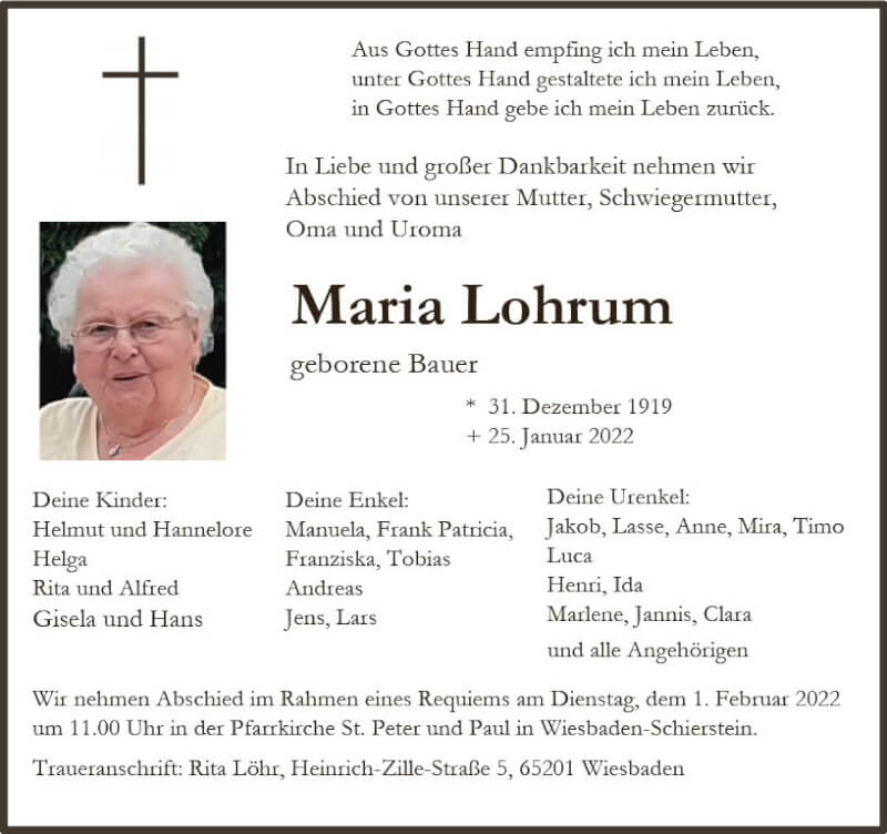  Traueranzeige für Maria Lohrum vom 29.01.2022 aus vrm-trauer Wiesbadener Kurier
