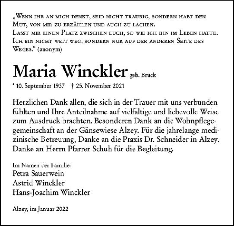  Traueranzeige für Maria Winckler vom 08.01.2022 aus vrm-trauer Allgemeine Zeitung Alzey