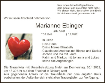 Traueranzeige von Marianne Ebinger von vrm-trauer DieburgerAnzeiger/Groß-Zimmerner Lokala