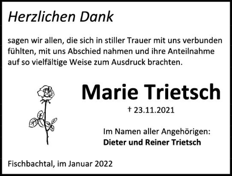  Traueranzeige für Marie Trietsch vom 08.01.2022 aus vrm-trauer Darmstädter Echo