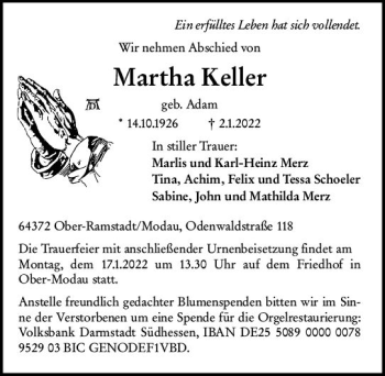 Traueranzeige von Martha Keller von vrm-trauer Darmstädter Echo