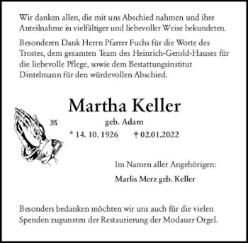 Traueranzeige von Martha Keller von vrm-trauer Darmstädter Echo