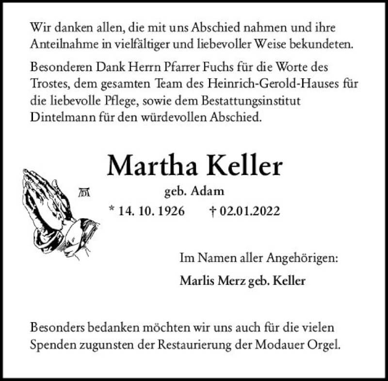  Traueranzeige für Martha Keller vom 22.01.2022 aus vrm-trauer Darmstädter Echo