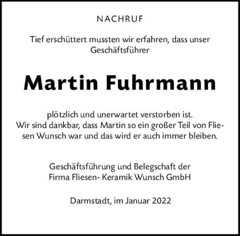  Traueranzeige für Martin Fuhrmann vom 15.01.2022 aus vrm-trauer Darmstädter Echo