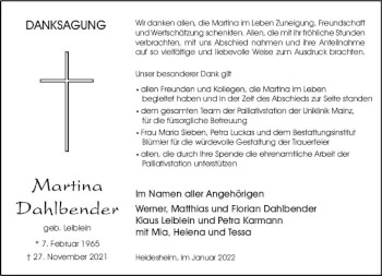 Traueranzeige von Martina Dahlbender von vrm-trauer Allgemeine  Zeitung Ingelheim-Bingen