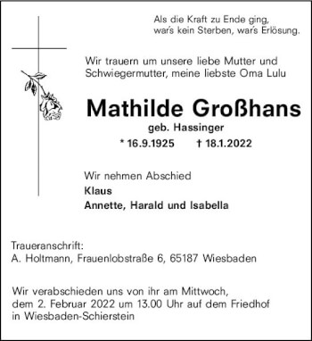 Traueranzeige von Mathilde Großhans von vrm-trauer Wiesbadener Kurier