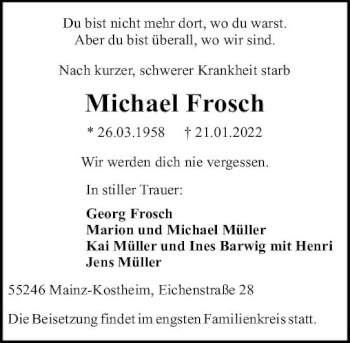 Traueranzeige von Michael Frosch von vrm-trauer AZ Mainz