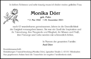 Traueranzeige von Monika Dörr von vrm-trauer Wiesbadener Kurier