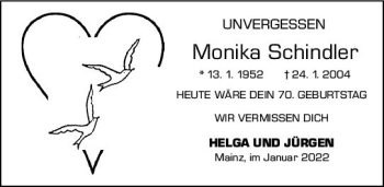 Traueranzeige von Monika Schindler von vrm-trauer AZ Mainz