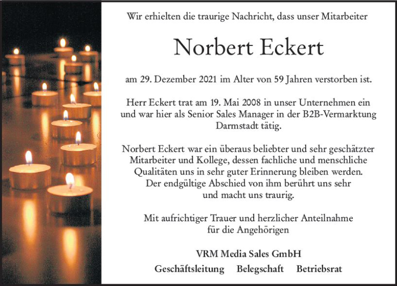 Traueranzeige für Norbert Eckert vom 08.01.2022 aus vrm-trauer Odenwälder Echo