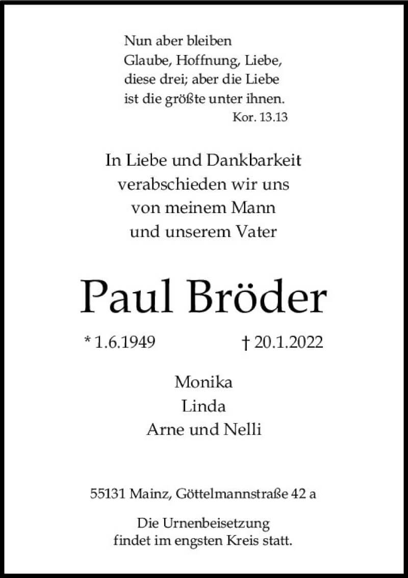  Traueranzeige für Paul Bröder vom 29.01.2022 aus vrm-trauer AZ Mainz
