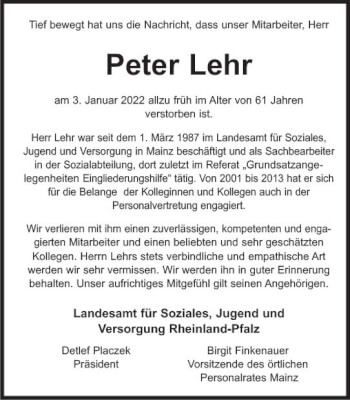 Traueranzeige von Peter Lehr von vrm-trauer Allgemeine Zeitung Alzey