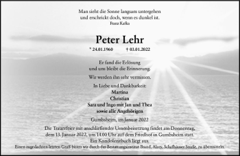 Traueranzeige von Peter Lehr von vrm-trauer Allgemeine Zeitung Alzey