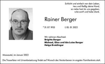 Traueranzeige von Rainer Berger von vrm-trauer Odenwälder Echo