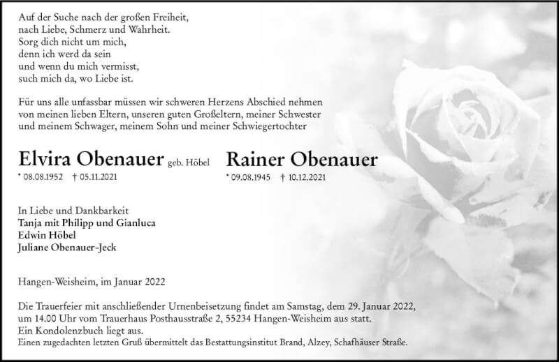  Traueranzeige für Rainer Obenauer vom 22.01.2022 aus vrm-trauer Allgemeine Zeitung Alzey