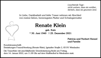 Traueranzeige von Renate Klein von vrm-trauer Wiesbadener Kurier