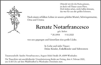 Traueranzeige von Renate Notarfrancesco von vrm-trauer Wiesbadener Kurier