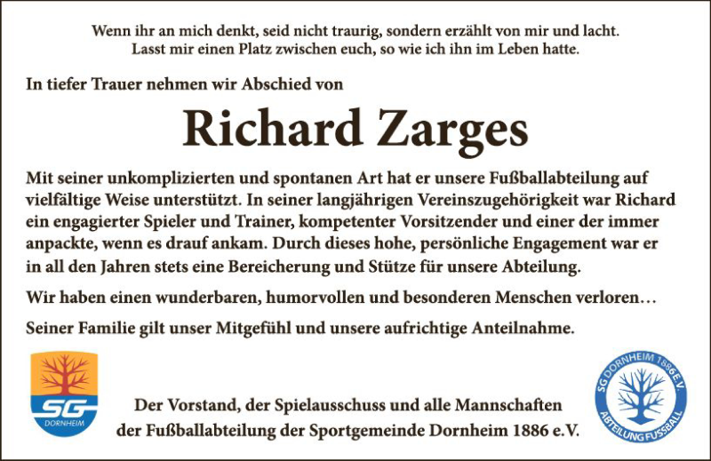  Traueranzeige für Richard Zarges vom 08.01.2022 aus vrm-trauer Groß-Gerauer Echo
