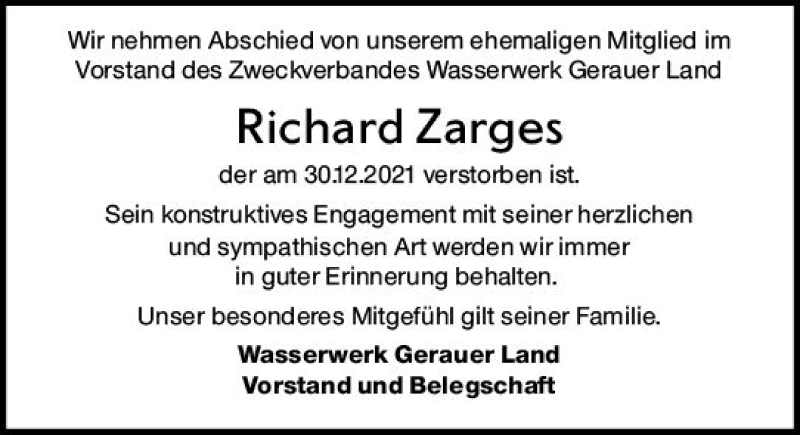  Traueranzeige für Richard Zarges vom 08.01.2022 aus vrm-trauer Rüsselsheimer Echo / MainSpitze