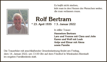 Traueranzeige von Rolf Bertram von vrm-trauer Wiesbadener Kurier