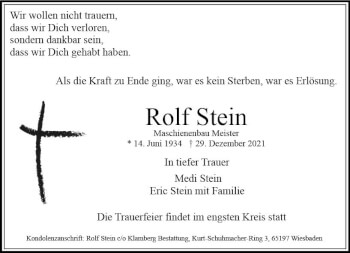 Traueranzeige von Rolf Stein von vrm-trauer Wiesbadener Kurier