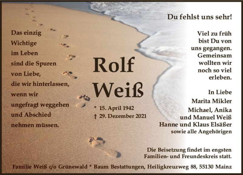  Traueranzeige für Rolf Weiß vom 08.01.2022 aus vrm-trauer AZ Mainz