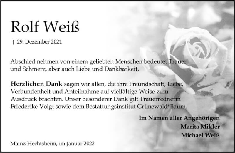  Traueranzeige für Rolf Weiß vom 29.01.2022 aus vrm-trauer AZ Mainz