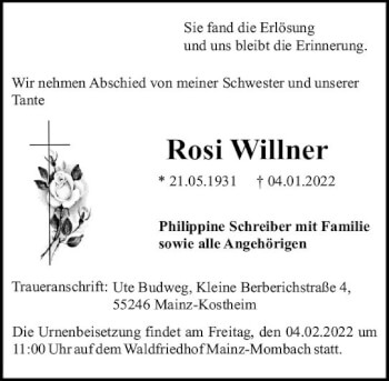 Traueranzeige von Rosi Willner von vrm-trauer AZ Mainz