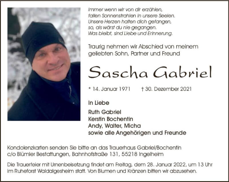  Traueranzeige für Sascha Gabriel vom 15.01.2022 aus vrm-trauer Wiesbadener Kurier